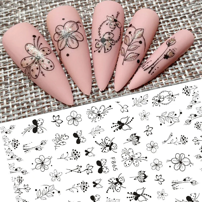 Black and White Love Flowers Line Art 3D Stickers Nail Decals Nail Art Accessories Butterfly Rose Nail Stickers Nail Sliders
