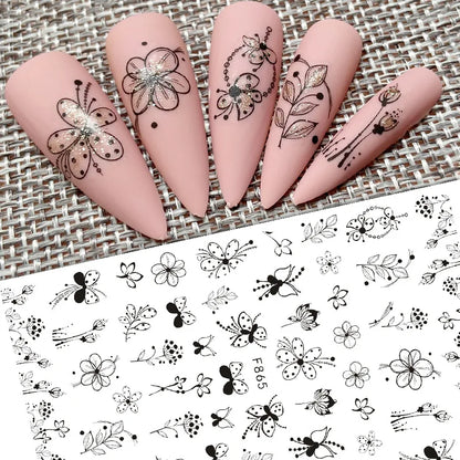 Black and White Love Flowers Line Art 3D Stickers Nail Decals Nail Art Accessories Butterfly Rose Nail Stickers Nail Sliders