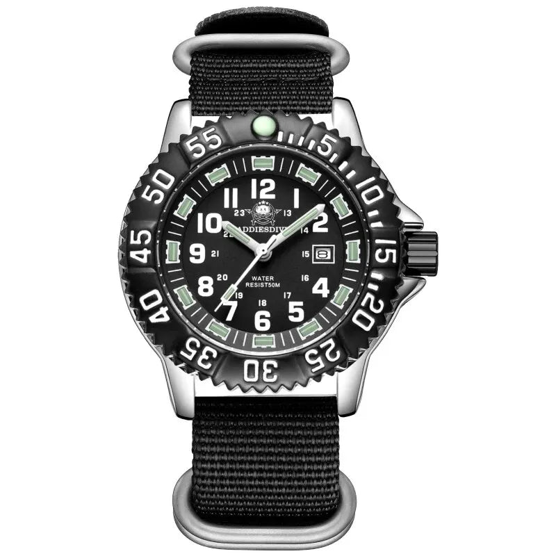 Addies Dive Men Fashion Casual Watch Calendar Display 50m Waterproof Tube Luminous Watch Black Dial Rotating Bezel Quartz Watch