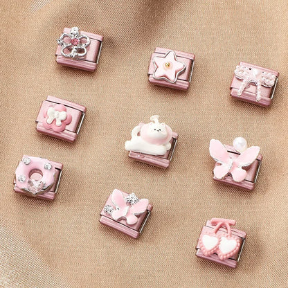 Pink Color Y2K Butterfly Star Bow Rabbit Heart Pendant Italian Charm Links Fit 9mm Stainless Steel Bracelet DIY Making Gifts