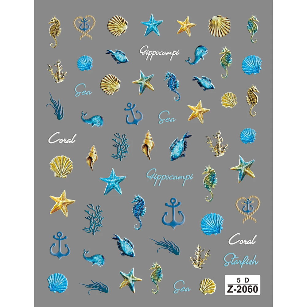 1pc Ocean Nail Art Stickers 5D Summer Starfish Seashell Nail Decals Decoration Y2K Embossed Nail Art Supplies Manicure Slider