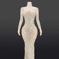 Sparkly Silver Big Rhinestone Transparent Long Dress Evening Birthday Celebrate Luxurious Costume Dancer Flashing Dress