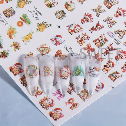 12 Designs Christmas Watermark Nail Stickers Gingerbread Man Deer Bow Snowflake Tree Santa Water Sliders Holiday Manicure Decor