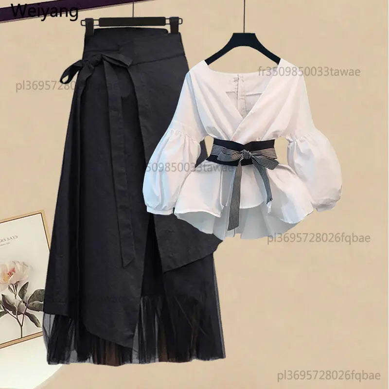 2026 Korean Style Long Sleeve T-shirt Tops High Waist Skirt Two-piece Elegant Women's Skirt Suit Casual Outfits