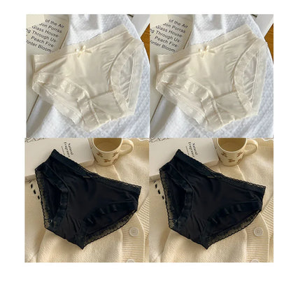 4 PCS/PACK Solid Color Women's Panties Mid-Waist Breathable Comfort Sexy Antibacterial Lace Innerwear