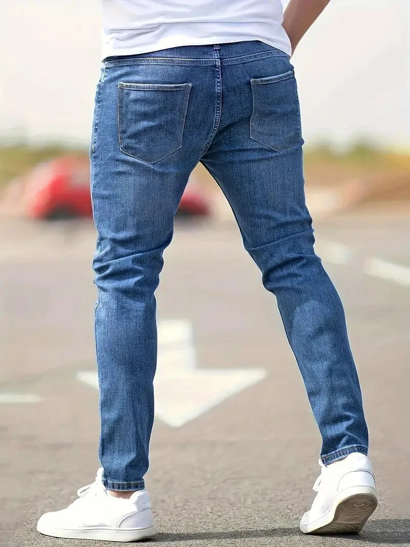 Men's American Retro Hole-Punched Stretch Slim Fit Jeans Zipper Casual Streetwear Denim Pants Classic Black Blue Skinny Trousers