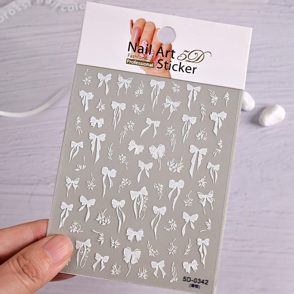 1pcs 5D White Lace Bowknot Nail Art Sticker Sweet Pearl  Bow Ribbon Self-Adhesive Nail Slider DIY Luxury Nail Decorations Decals