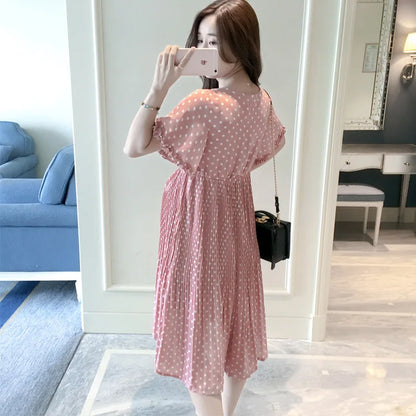 Summer Maternity Dress for Pregnant Women Petal Collar Bubble Sleeve High Waist Peter Pan Casual Temperament Gown