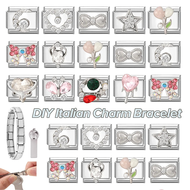 Zircon Pearl Heart Bow Candy Flower Butterfly Italian Charm Links Fit 9mm Stainless Steel Bracelet Personalized DIY Making Gifts