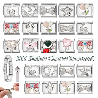 Zircon Pearl Heart Bow Candy Flower Butterfly Italian Charm Links Fit 9mm Stainless Steel Bracelet Personalized DIY Making Gifts