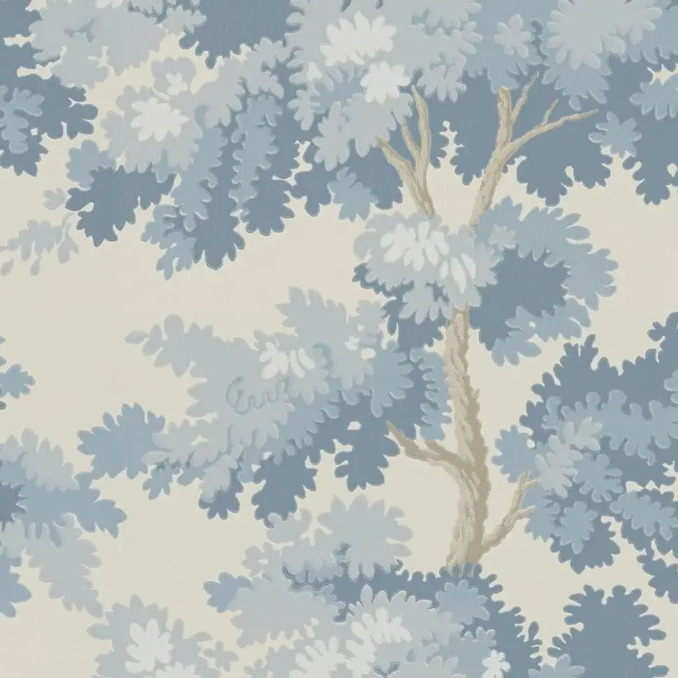 Misty Forest Wallpaper with an antique woven tapestry showing a lush landscape in light blue, Scandinavian Wallpaper Raphael