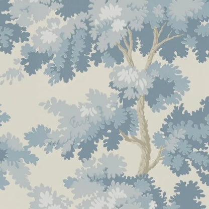 Misty Forest Wallpaper with an antique woven tapestry showing a lush landscape in light blue, Scandinavian Wallpaper Raphael