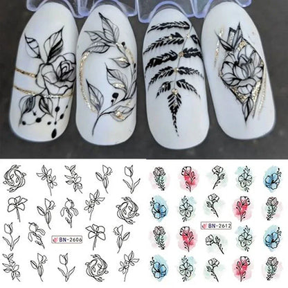 12Spring and Summer Water Transfer Ink Floral Nail Sticker Set Contains Blooming Flowers and Green Leaves Graffiti Slider Nail