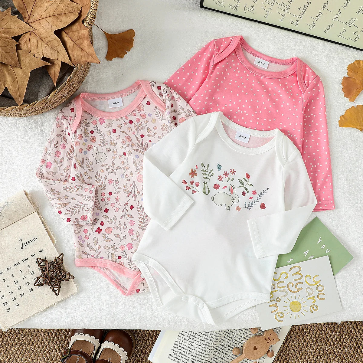 3Pces Autumn Long Sleeve  Baby Bodysuit Girl  Clothes New Print Floral Clothing Jumpsuit Cartoon Infant Outfits Casual