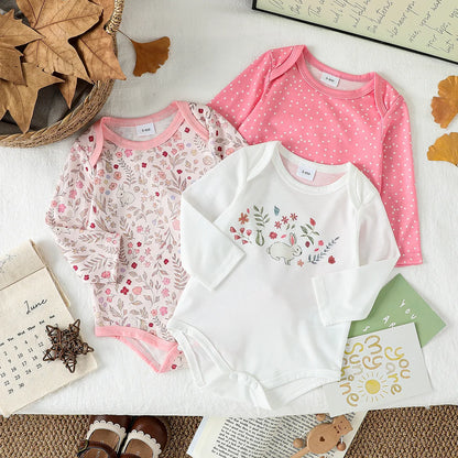 3Pces Autumn Long Sleeve  Baby Bodysuit Girl  Clothes New Print Floral Clothing Jumpsuit Cartoon Infant Outfits Casual