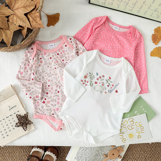 3Pces Autumn Long Sleeve  Baby Bodysuit Girl  Clothes New Print Floral Clothing Jumpsuit Cartoon Infant Outfits Casual