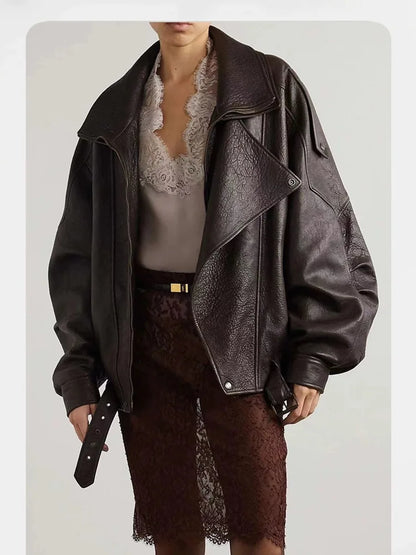 New Outerwear Leather Jacket Women American Retro Top Sheepskin Bubble Leather Double Lapel Loose Profile Coffee Locomotive Coat