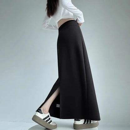 Women Spring Autumn Sports Maxi Skirt High Waist Drawstring A Line Straight Split Draped Casual Sweat Long Skirt
