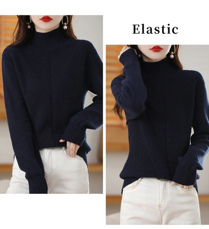 Women 100% Cotton Knit Sweater Half-high Collar Stripe Pullover Autumn Winter Thickened Bottoming Clothing Casual Knitted Tops
