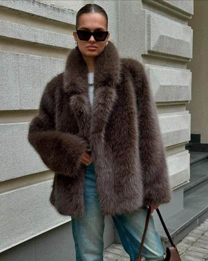 Faux Fox Fur Coats Women Solid Mid Length Jackets Lapel Collar Long Sleeve Furry Outerwear Thick Loose Casual 2025 Autumn Winter