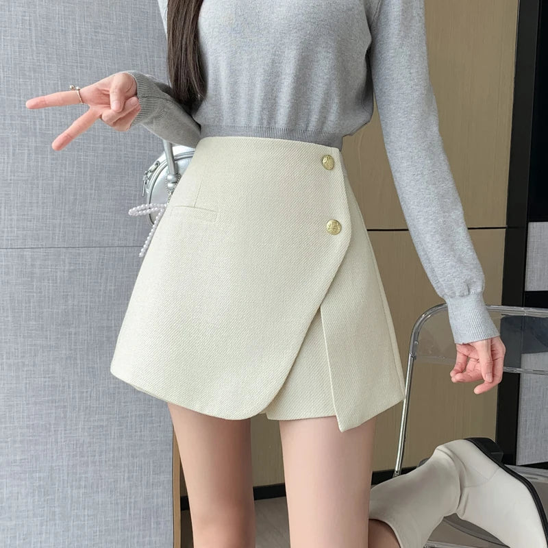 Autumn Winter Tweed Skirts Shorts Women Fashion Streetwear Cross Irregular Booty Shorts Pink Black Culottes Wide Leg Short Pants