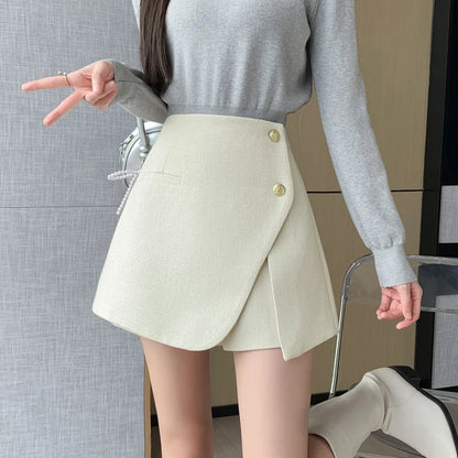 Autumn Winter Tweed Skirts Shorts Women Fashion Streetwear Cross Irregular Booty Shorts Pink Black Culottes Wide Leg Short Pants