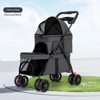 Dual‑Layer Pet Stroller Foldable Travel Dog Cat Cart Breathable Mesh Wagon with Cup Holder Storage Bag for Small Animals