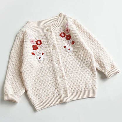 Baby Girls Embroidery Sweater Cardigan Autumn Fashion Cotton Floral Collar Kids Knitted Cardigan Rabbit Coat Outerwear Korean