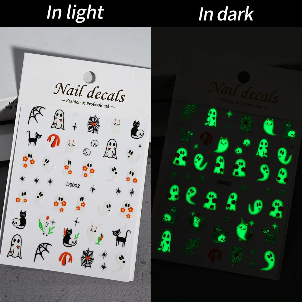 1sheet 5D Halloween Nail Stickers Pink/Green/Black Cartoon Pattern Nail Art Slider DIY For Sweet Cool Girl Cute Nail Decoration
