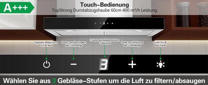 Topstrong 60cm Wall Mounted 400m³/h A+++ LED Touch Control Stainless Steel Extractor Fan Quiet 52dB Kitchen Hood