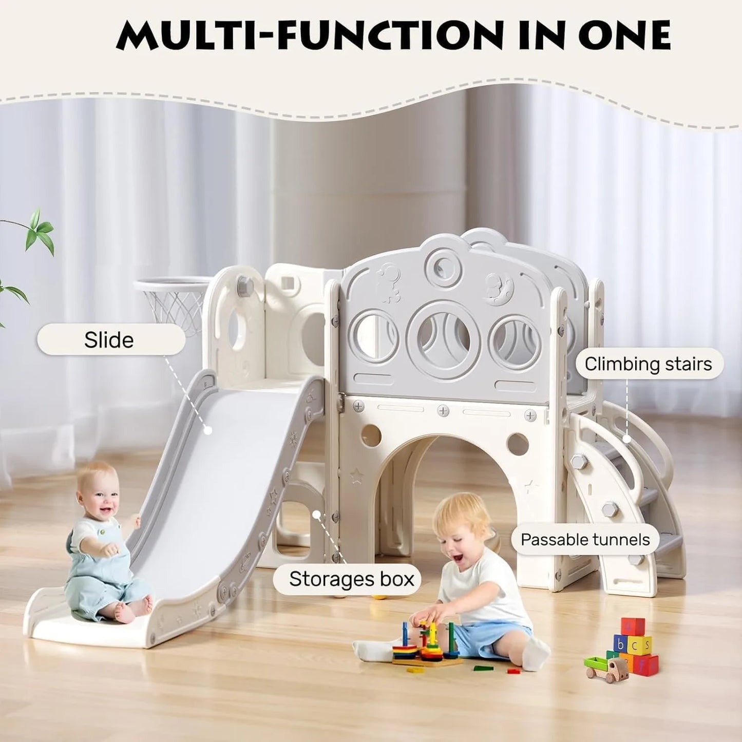 Children's slide, multifunctional Toddler Slide With Playpen, Storage Space and Non-slip Steps, Indoor & Outdoor Pla(Gray White)