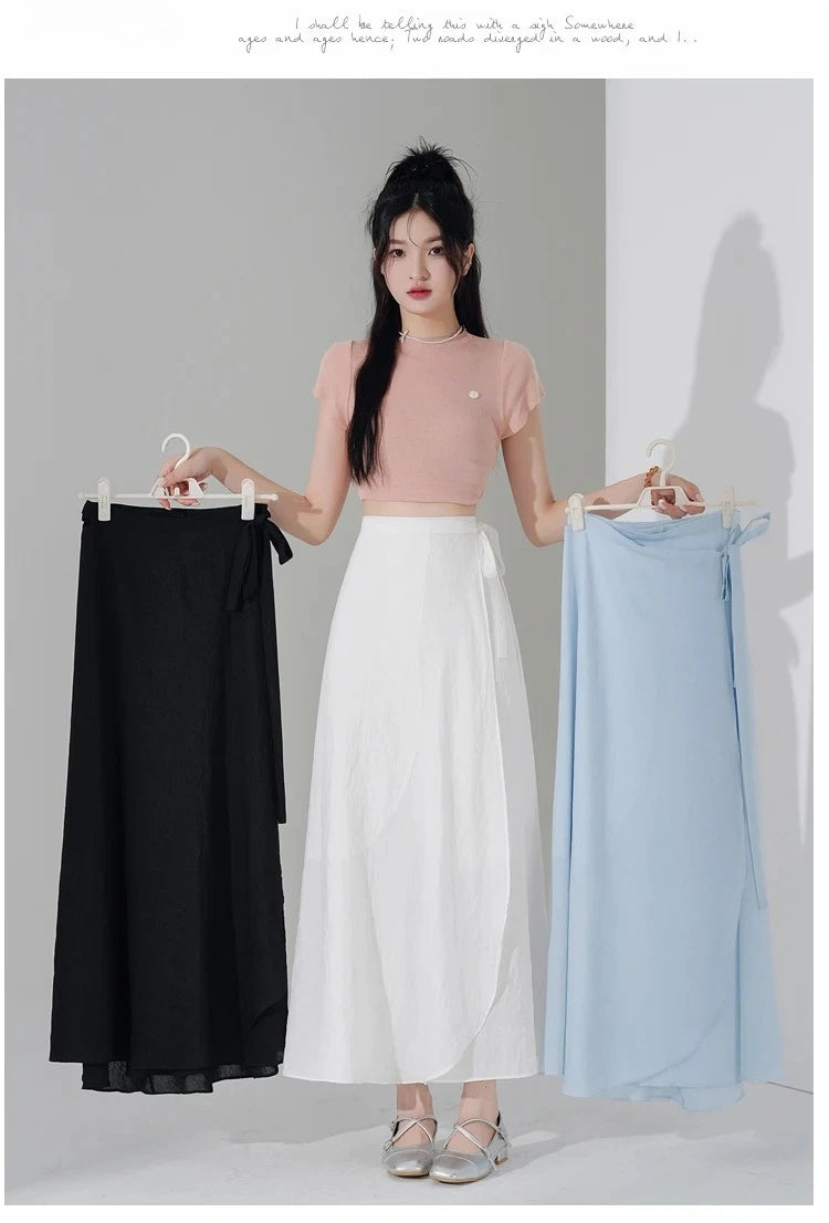 Chic Korea Clothes Summer Women Cute Sweet GIrls Solid Robe Holiday Date High Waist Retro Vintage Wrap One-Piece Lace-Up Skirts