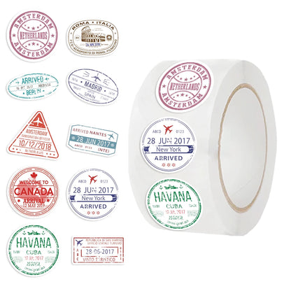 500pcs Passport Stamps Stickers Roll for Scrapbook Journaling Laptop Bumper Skateboard Water Bottles Computer Phone Sticker
