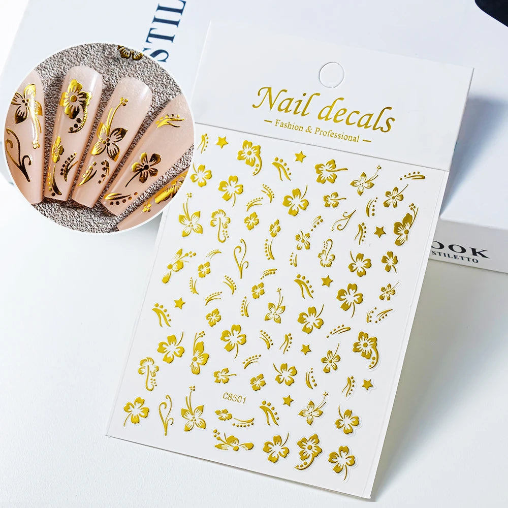 1pc 3D Hibiscus Flowers Nail Sticker White Black Flower Petals Adhesive Decals Pink Golden Floral Slider For Nail Art Decoration