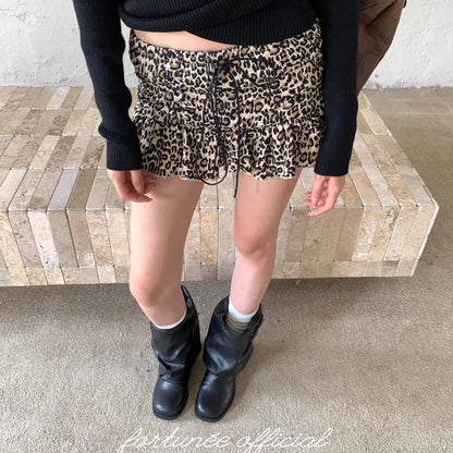 HOUZHOU Women Leopard Mini Skirt Y2k Gyaru Elastic Waist Layered Short Skirt Female Harajuku Kawaii Slim High Waist Skirts