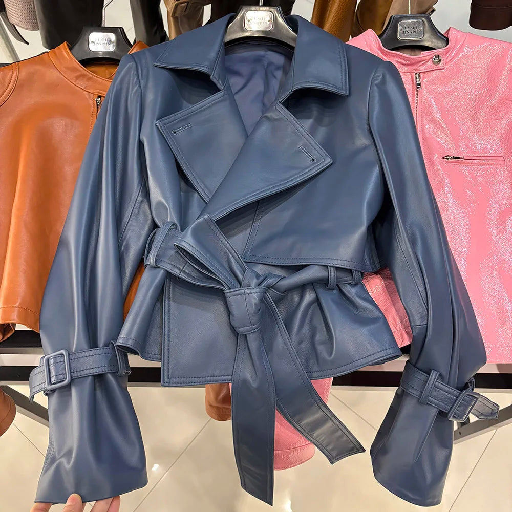 YOLOAgain 2025 Autumn Elegant Real Leather Jacket Coat Women Oversized Leather Jacket With Belt