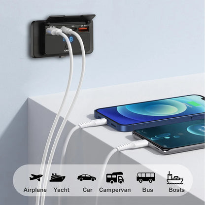 90W 3 Ports Dual PD Car Charger Socket with ON OFF Switch 18W QC3.0 Fast Charging for Motorbike Car Boat ATV UTV Camper Caravans