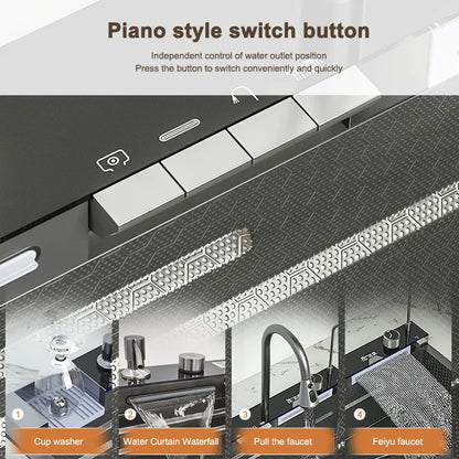 Household Waterfall Digital Display Kitchen Sink Stainless Steel Multifunction Wash Dish and Vegetables Basin Large Single Slot