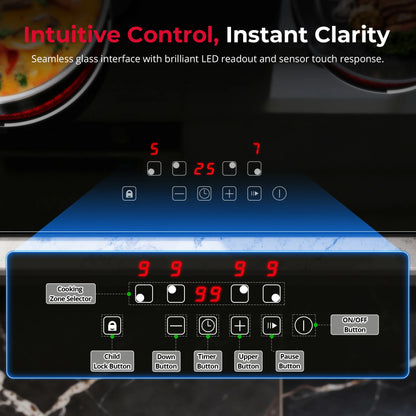 6000W Built-in Ceramic Hob, 4 Zone Induction Cooktop with Touch Control, 9 Power Levels, Timer & Child Lock, 60cm Black Glass
