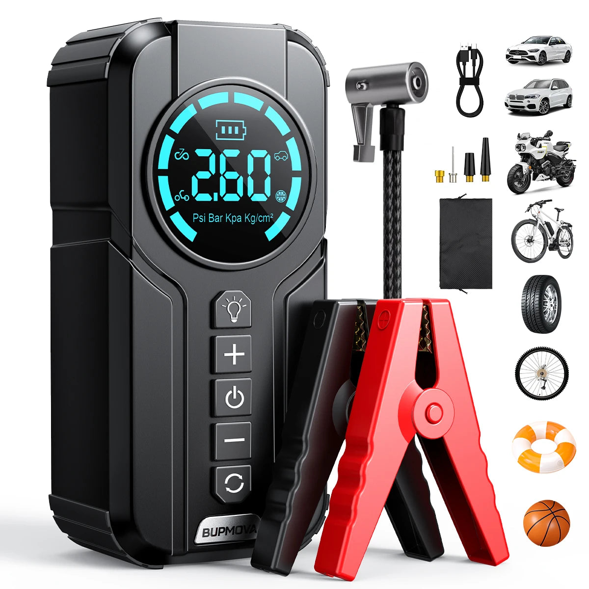 BSMOOM Car Jump Starter Air Compressor With Power Bank 150PSI Air Pump Car Battery Emergency Boosters with LED Light