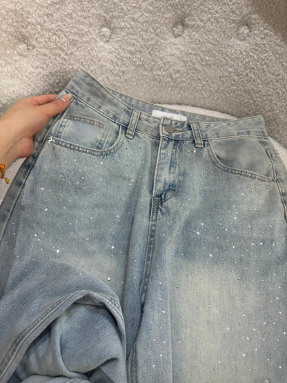 Retro Rhinestone Jeans for Women 2026 New Casual Straight Leg Denim Pants Spring Light Blue Narrow Wide Leg Trousers