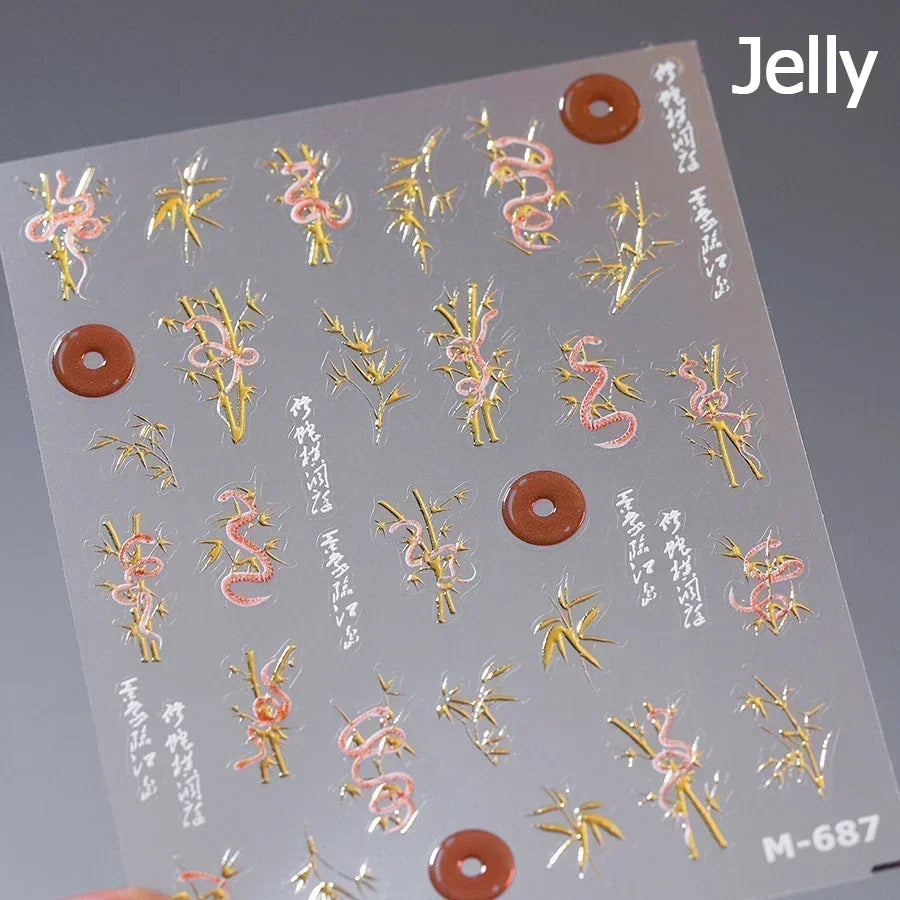 5D Gold Stamped Silver Sun Stars Snake Nail Art Stickers Totems Reliefs Self Adhesive Dark Chinese Style Manicure Decals