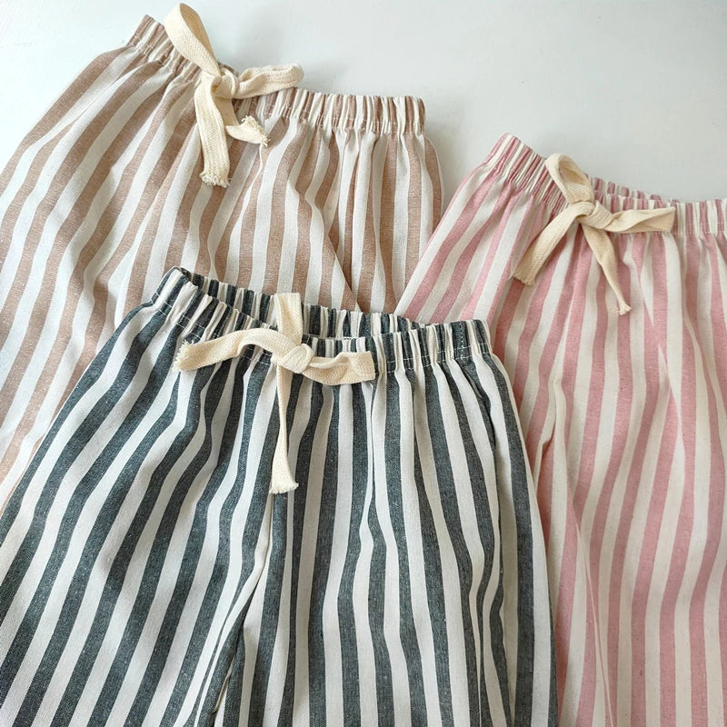 Children's Clothing Linen Cotton Shorts Summer Girls Boys Stripe Pants Kids Baby Casual Vintage Loose Short Pant Girl Clothes