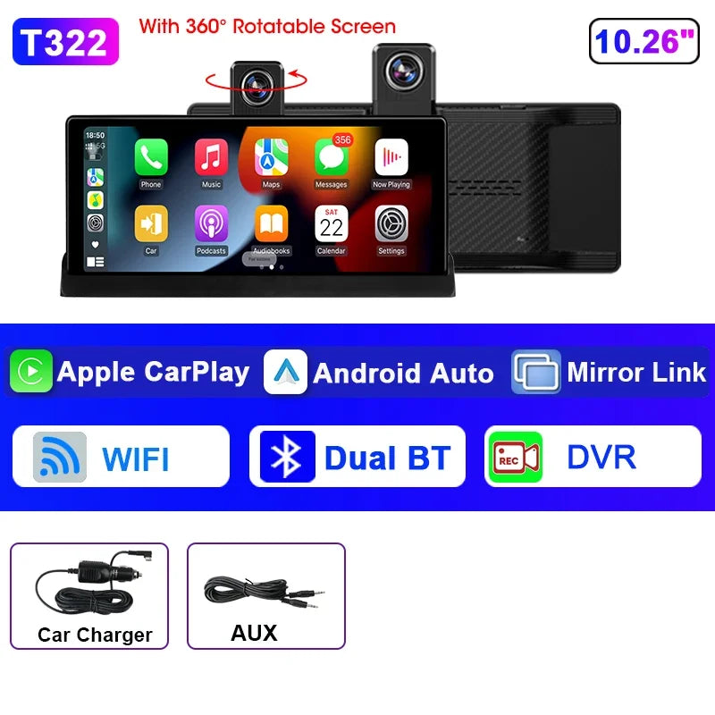 Srnubi 10.26 inch 4K ADAS Car DVR with 360° Rotation Dash Cam Wireless Carplay Android Auto Mirror Link BT WIFI AUX FM Dashboard