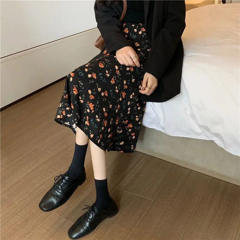 Women Floral Corduroy Midi Skirt High Waist A Line Printed Swing Long Skirt For Spring Autumn