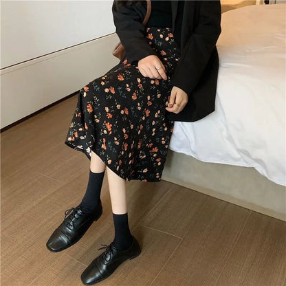 Women Floral Corduroy Midi Skirt High Waist A Line Printed Swing Long Skirt For Spring Autumn