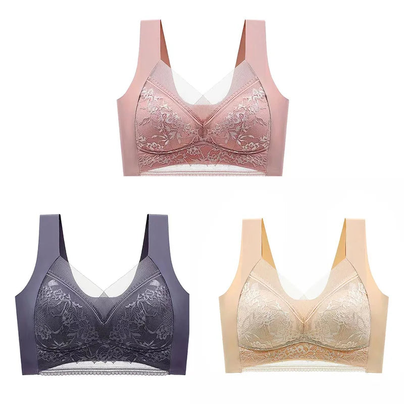 3Pcs Women Lace Bra Perspective Push Up Ice Silk Deep V Bralette Bra Sexy Lingerie Tops Plus Size Cup Mom's underwear L-5XL