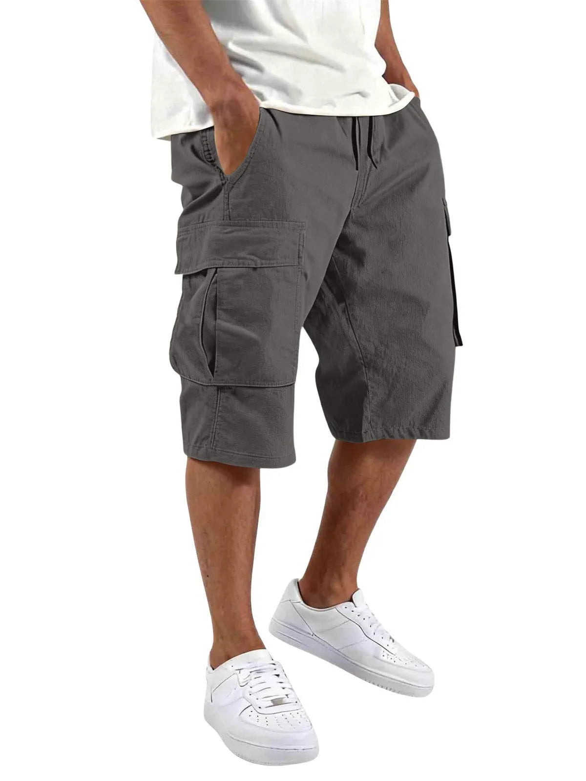 2026 Summer Men Loose Straight Pants Casual Multi-Pocket Shorts Pure Color Fashion Men Shorts Drawstring Daily Cargo Short Pants