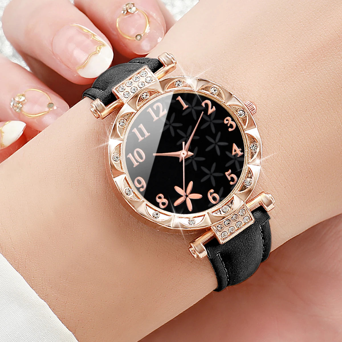 7PCS/Set Fashion Rhinestone Women's Watch Leather Band Female Quartz Watches (Without Box）