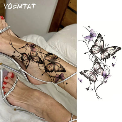 Waterproof Temporary Tattoo Sticker  Butterfly Flower Line Pattern Body Art Arm Fake Tattoos Sleeve For Women Men Hands Shoulder
